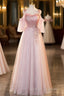 Pink Tulle Off Shoulder Beaded A-Line Prom Dress, Pink Tulle Long Party Dress