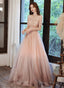 Pink Tulle Off Shoulder With Lace A-Line Prom Dresses Pink Long Prom Gowns