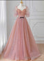 Pink Tulle Puffy Sleeves Long Prom Dress, Pink A Line Prom Dresses