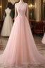 Pink Tulle Round Lace Applique Long Prom Dresses Pink Tulle Junior Prom Dresseses