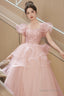 Pink Tulle Sequins Long Prom Dress Beautiful Short Sleeve Prom Dress