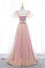 Pink Tulle Sequins Long Prom Dress, Cute Short Sleeve Prom Dress