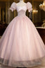 Pink Tulle Sequins Long Prom Dress, Lovely A-Line Short Sleeve Evening Party Dress