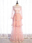 Pink Tulle Sequins Long Sleeve Tiers Prom Dress