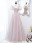 Pink Tulle Sequins Square Puff Sleeve Prom Dress