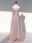 Pink Tulle Sequins Straps Flower Prom Dress