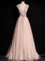 Pink Tulle Sequins V Neck Beading Prom Dress