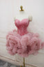 Pink Tulle Short Prom Dress with Feather, Chic Pink Strapless Prom Dress