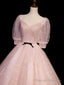 Pink Tulle Short Sleeves Ball Gowns Long Formal Dresses, Pink Prom Dresses