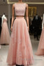 Pink Tulle Two Piece Prom Dress Lace Crop
