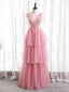 Pink Tulle V Neck Beading Sequins Prom Dress