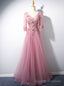 Pink Tulle V Neck Short Sleeve Appliques Beading Prom Dress