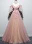 Pink Tulle V Neckline Floral Long Prom Dress, Pink Straps Prom Dress