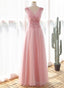 Pink Tulle V Neckline with Lace Long Prom Dress, Pink Tulle Prom Dress
