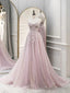Pink Tulle with Lace Applique Long Prom Dress, Pink Sweetheart Prom Dress