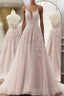 Pink Tulle With Lace Applique Low Back Prom Dress, Pink A-Line Tulle Party Dress