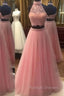 Pink Two Pieces Lace Tulle Long Prom Dress, Pink Evening Dress