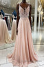 Pink v neck lace chiffon long prom Dresses pink Prom Dresses