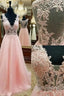 Pink V Neck Lace Long Prom Dress, Pink Evening Dress