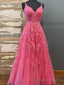 Pink V Neck Lace Long Prom Dress Pink V Neck Long Lace Prom Graduation Dress
