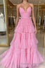 Pink V Neck Layers Tulle Long Ball Gown,Light Blue A Line Spaghetti Strap Evening Dresses