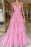 Pink V Neck Layers Tulle Long Ball Gown Light Blue A Line Spaghetti Strap Prom Dress