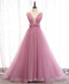 Pink V Neck Long Prom Dress, Aline Pink Formal Prom Dresses