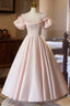 Pink V Neck Satin A Line Prom Dress, Beautiful Short Sleeve Prom Prom Dress