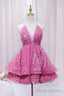 Pink V Neck Sequins Short Prom Dress, Pink A Line Backless Prom Dress