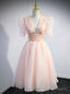 Pink V Neck Short Sleeve Appliques Beading Sequins Short Prom Dress