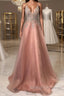 Pink v neck tulle beads long prom dress pink evening dress