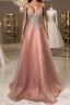 Pink v neck tulle beads Prom Dresses Long pink Prom Dresses