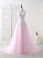 Pink V Neck Tulle Lace Applique Long Prom Dress Pink Prom Dress