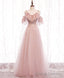 Pink v neck tulle lace long prom dress pink bridesmaid dress