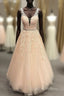 Pink V Neck Tulle Lace Prom Dresses Long Pink Prom Dresses