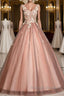 Pink v neck tulle lace Prom Dresses Long pink tulle Prom Dresses