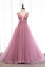 Pink V Neck Tulle Long Prom Dress, A Line Formal Prom Dress