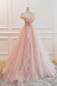 Pink V Neck Tulle Long Prom Dress, Off the Shoulder Prom Graduation Dress