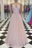 Pink V Neck Tulle Sequin Long Prom Dress Pink Tulle Formal Dress