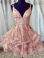 Pink V Neck Tulle Short Prom Dresses Pink Homecoming Dresses