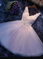 Pink V Neckline Flowers and Lace Applique Prom Dress, Short Prom Dress