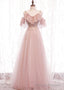 Pink V Neckline Lace Off Shoulder Long Prom Dress, Pink Floor Length Formal Dress