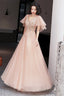 Pink V-Neckline Tulle With Lace Applique Long Prom Dresses Pink A-Line Prom Dresses