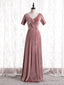 Pink Velvet V Neck Short Sleeve Prom Dress
