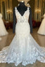 Plunging V Neck Appliques Trumpet Sweeping Wedding Dress