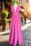 Plunging V Neck Ruffles Pleated Fuchsia Bridesmaid Dress With Silt