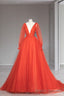 Plunging V Neck Tulle Floor Length Formal Dress, Orange Long Sleeve Prom Dress