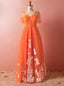 Plus Size Orange V Neck Tulle Short Sleeve Backless Prom Dress