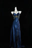 Pretty A Line Halter Sleeveless Navy Blue Slit Beads Long Prom Dress Evening Dresses