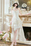 Pretty A-Line High Low Ruffles Long Prom Dresses Lace White Prom Dress
